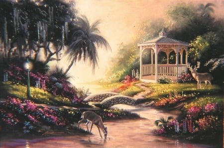 gazebo visitors - summer, beautiful, quiet, bridge, lamppost, bright, light, visitors, nature, colorful, shine, pretty, water, rays, flowers, serenity, lake, calmness, pond, nice, lovely, roe, gazebo, deers, trees, painting