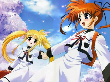 nanoha & fate spring - nanoha, fate, cherry blossoms, magical girl