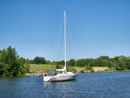 One Love Sailboat 1 - water, scenery, photography, boat, landscape, photo, cruise, river, shore, sailboat, bank