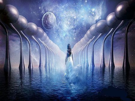 Infinity - infinity, female, dream, space, orbs, abstract, galaxies, water, girl, heavens, 2d, planets, cg, fantasy, universe, woman, night sky