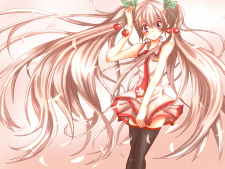 Sakura Miku - sakura flowers, hot, thighhighs, music, anime girl, white, art, cool, petals, artistic, hatsune miku, sexy, skirt, song, sakura miku, vocaloids, program, sakura, vocaloid, pink, beautiful, leaves, uniform, blush, diva, realistic, beauty, nice, twintail, singer, black, virtual, pretty, idol, sakura petals, anime, green, miku, cute, girl, cherry, realism, cg, hatsune, real, red, tie, awesome, digital