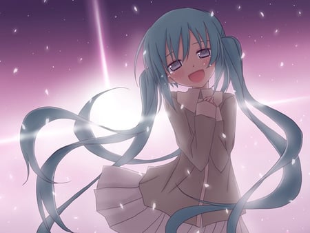 Hatsune Miku - aqua, sun, thighhighs, music, anime girl, white, art, purple, cool, aqua eyes, artistic, hatsune miku, skirt, light, song, vocaloids, program, glow, vocaloid, beautiful, uniform, blush, diva, beauty, nice, sky, night sky, twintail, outifit, singer, aqua hair, black, virtual, pretty, idol, anime, miku, cute, moon, stars, sunlight, girl, night, cg, hatsune, singing, awesome, digital, gray