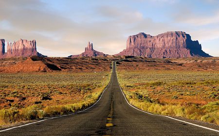 Road to the Desert - deserted, highway, tufts, road, rocks, nature, vegetation, grasses, grass