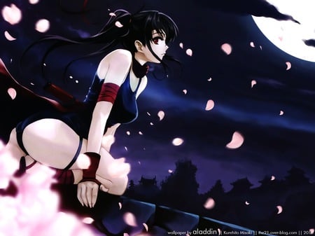 Ready for action - women, moon, trees, blossoms, anime, girl, night, wind, black hair, action, sexy