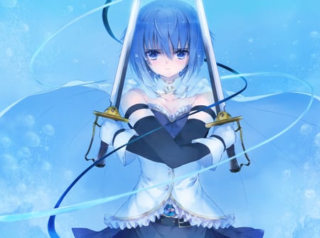 my swords - tears, girl, swords, sad, blue eyes, fighter, blue hair, worrier, anime