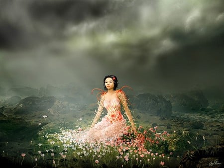 flowers girl - greenery, clouds, abstract, blooms, dress, girl, light, flowers, fantasy, woman, 3d, sky