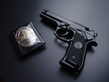 gun and badge - gun, weapon, abstract, 3d