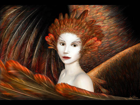 bird woman - fantasy, 3d, girl, color, abstract, woman