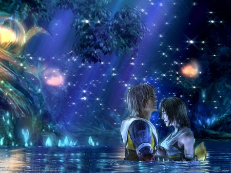 final fantasy X - beauty, sky, water, x, fantasy, final fantasy x, river, romance, love, stars, lake, yuna, light, warrior, night, final fantasy, final, couples