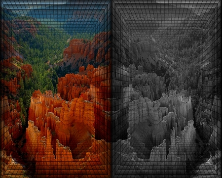 Split View - abstract, trees, nature, summer, cliff, 3d, mountains