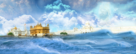 Golden temple - sea, temple, clouds