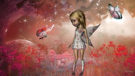 Butterfly Amazement - mushrooms, trees, light, summer, fantasy, spring, foret, pink, leaves, fairy, firefox persona, butterflies