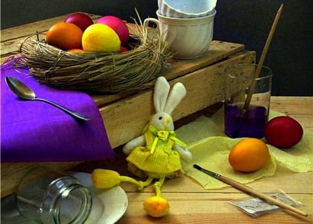 Easter Egg Paint - paintbrush, cups, eggs, spoon, plae, stuffed rabbit, still life, nest, glass, jar