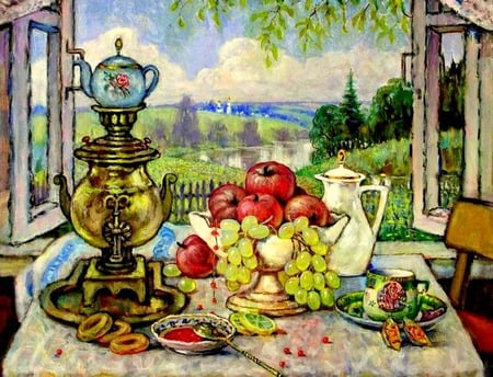 Open Window - pitcher, trees, hills, water, pond, window, pastures, chairs, table, still life, mub, warmer, cookies, fruit, houses, cup