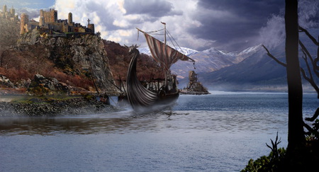 Raiders - wallpaper, ship, abstract, vikings, fantasy, city, castle, sea, mountain