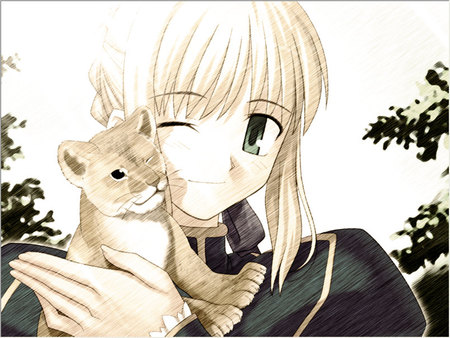 Saber's Pet - saber, kid, lion, girl, knight, king, fate stay night, forest, game, anime, smile, cute