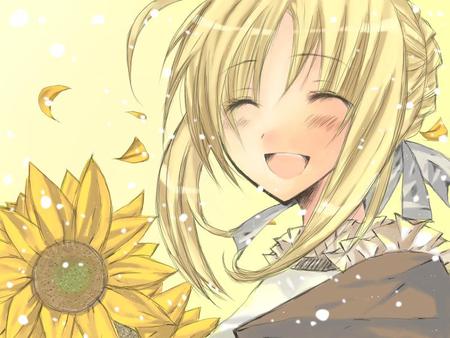 Smile... - saber, game, anime, beautiful, girl, blonde hair, smile, sunflower, fate stay night