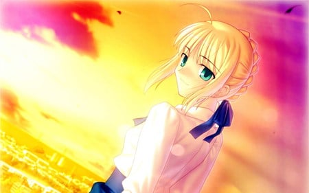 Saber - saber, arturia, game, anime, girl, blonde hair, servant, knight, smile, sunset, king, fate stay night