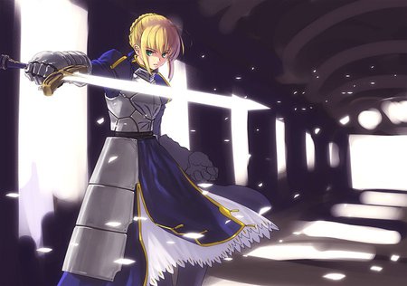 Saber - saber, knight, king, armor, fate stay night, silver, game, blonde hair, blue, anime, sword, excalibur