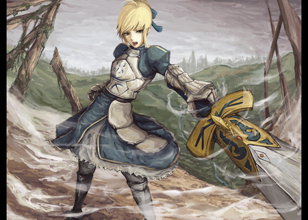 Who are you.... - saber, game, anime, blue, girl, sword, blonde hair, gold, knight, armor, caliburn, king, silver, fate stay night