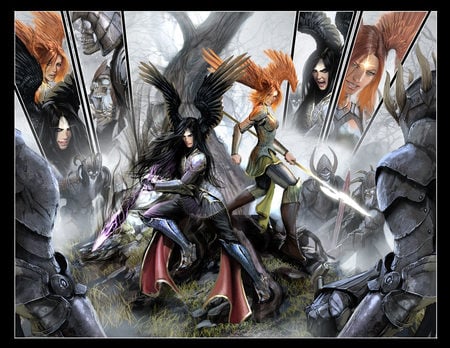 Ravine - boots, swords, weapons, green eyes, long hair, armour, horns, skulls, soldiers, black hair, spear, head wings, ravine, orange hair, warriors