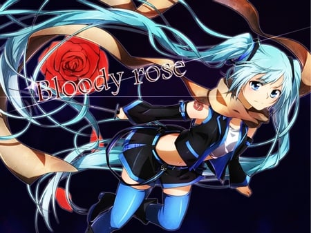 Bloody Rose - aqua, hot, headset, thighhighs, music, anime girl, white, art, cool, petals, aqua eyes, artistic, hatsune miku, sexy, skirt, outift, song, vocaloids, program, vocaloid, beautiful, uniform, diva, beauty, nice, twintail, singer, aqua hair, black, virtual, brown, pretty, idol, anime, miku, microhone, girl, cg, hatsune, red, headphones, tie, awesome, digital, red rose, flower