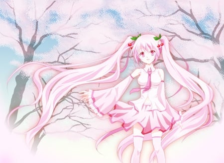 Sakura Miku - aqua, music, thighhighs, anime girl, art, cool, petals, pink eyes, artistic, hatsune miku, skirt, song, sakura miku, vocaloids, program, sakura, vocaloid, pink, beautiful, uniform, diva, beauty, nice, sky, twintail, singer, path, virtual, painting, brown, pretty, clouds, idol, sakura petals, anime, green, miku, cute, girl, pink hair, cherry, cg, hatsune, sakura trees, red, blue, tie, awesome, digital, bruch, outfit