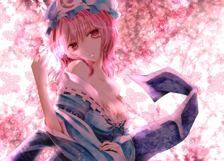 Saigyouji Yuyuko - hat, saigyouji yuyuko, butterflies, dress, pink eyes, short hair, touhou, video games, bare shoulders, pink hair, breast