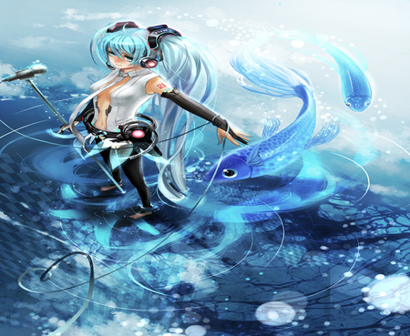 Miku Walk on Water - hatsune miku, female, water drop, headphone, music, song, anime girl, big fish, miku hatsune, twin tails, microphone, miku