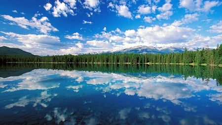 Symmetry - clouds, nature, blue, green, lake, symmetry, forest, sky