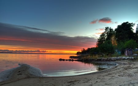 Sunset - summer, beach, splendor, grass, reflection, sand, leaves, view, sky, clouds, trees, beautiful, sea, beauty, colors, lovely, ocean, colorful, nature, sunset, green, peaceful