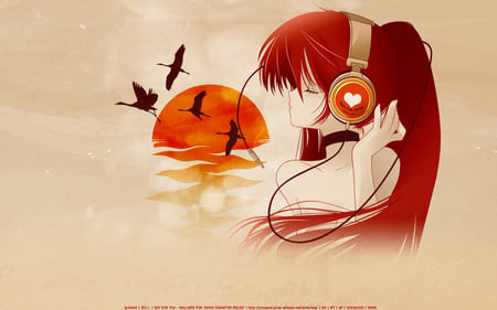 Ganbare Japan !! - love, hatsune miku, girl, headphone, sunset, bird, game, vocaloid, red, anime