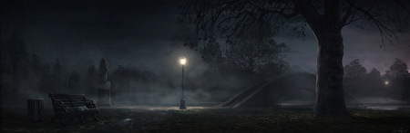 City Park - abstract, birds, lamp, city, night, forest, fantasy, wallaper, bench, bridge, park, statue