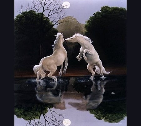 The challenge - moon, leader, water, white, horses, battle, evening, stallions, cliffs