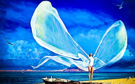 woman at beach - woman, sky, beach, cloud, summer