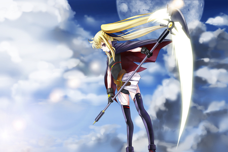 Smile... - sycthe, girl, mahou shoujo lyrical nanoha, fate testarossa, black, gold, bardiche, device, blonde hair, clouds, anime, fly