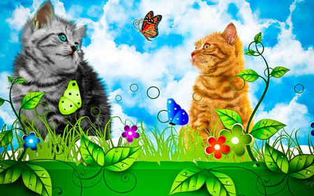 watching butterflies - flowers, kittens, twin, butterflies