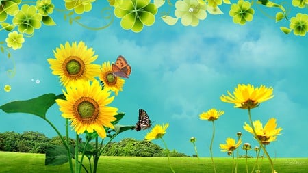 Summer Bright - sunflowers, sky, trees, gerberas, summer, spring, lawn, clouds, leaves, daisies, grass