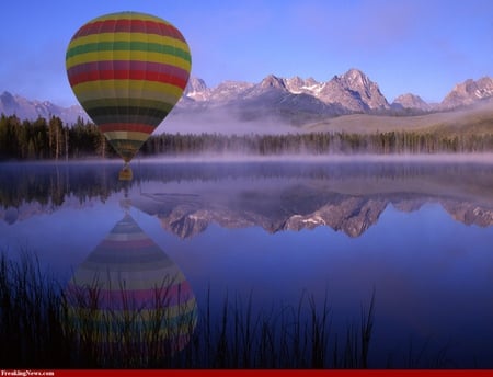 fly over the mountains - trees, hills, water, nature, balloon, lake, mountains