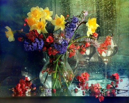 Spring Showers - rain, daffodils, flowers, bouquet, still life, wine glasses, vase