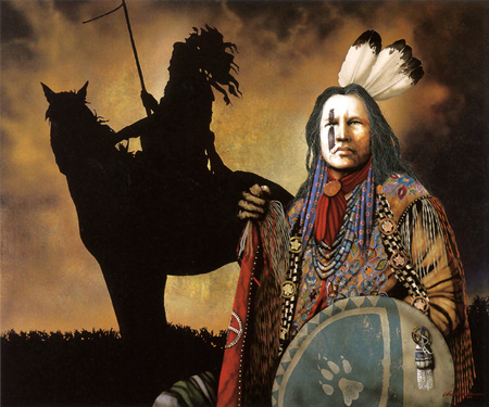 Ghost Dance Revelations - abstract, horse, feathers, artwork, shield, native american indian, fantasy