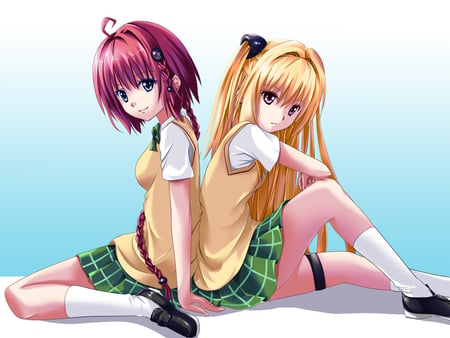 Kurosaki Mea & Yami - anime, assassin, to love ru darkness, blonde hair, long hair, uniform, kurosaki mea, high school student, alien, yami