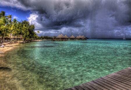 Bora Bora-HDR - nice, sky, beach, peaceful, photography, design, water, vacation, calm, lounge, modern, pretty, cool, bora bora, clouds, architecture, hdr, sand, boat, relax, harmony, style, ocean, houses, palms, lovely, exotic, nature, luxury, beautiful, sea