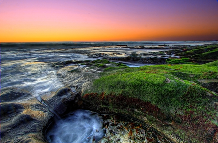 Sunset-HDR - nice, beach, sky, photography, water, colorful, sunset, rocks, cool, pretty, hdr, ocean, moss, lovely, beautiful, colors, sea