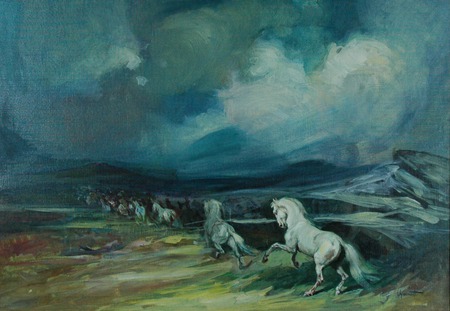 is it the end? - mountins, clouds, horses, painting