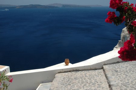 View in Santorini - white, view, blue, island, steps, flowers, sea, greece