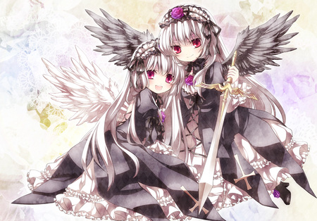 Light & Dark Side - rozen maiden, anime, sword, doll, goth, black, manga, white, suigintou, wings, cute, loli