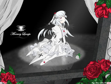 Mercury Lampe - anime, long hair, dark, doll, sad, suigintou, red, face, loli, rozen maiden, girl, goth, black, manga, white, rose, cute