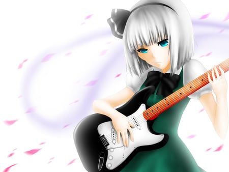 Youmu Music - game, anime, female, girl, white hair, music, guitar, touhou, konpaku youmu, video game