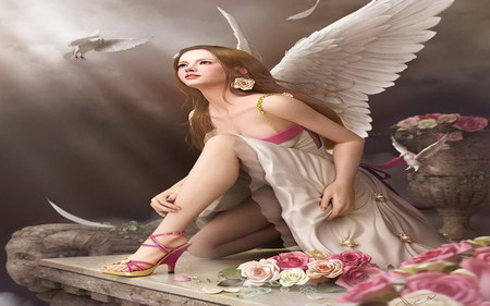 Angel - porumbei, fata, rosas, girl, angel flowers, pink, aripi, zbor, pigeons, fly, wings, inger, roz